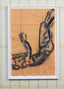 Sondre Røe - "Mann i fall" #1-3, akvarell, oljepastell, oljekritt og himalayasalt på kraftpapir 53 x 58 cm