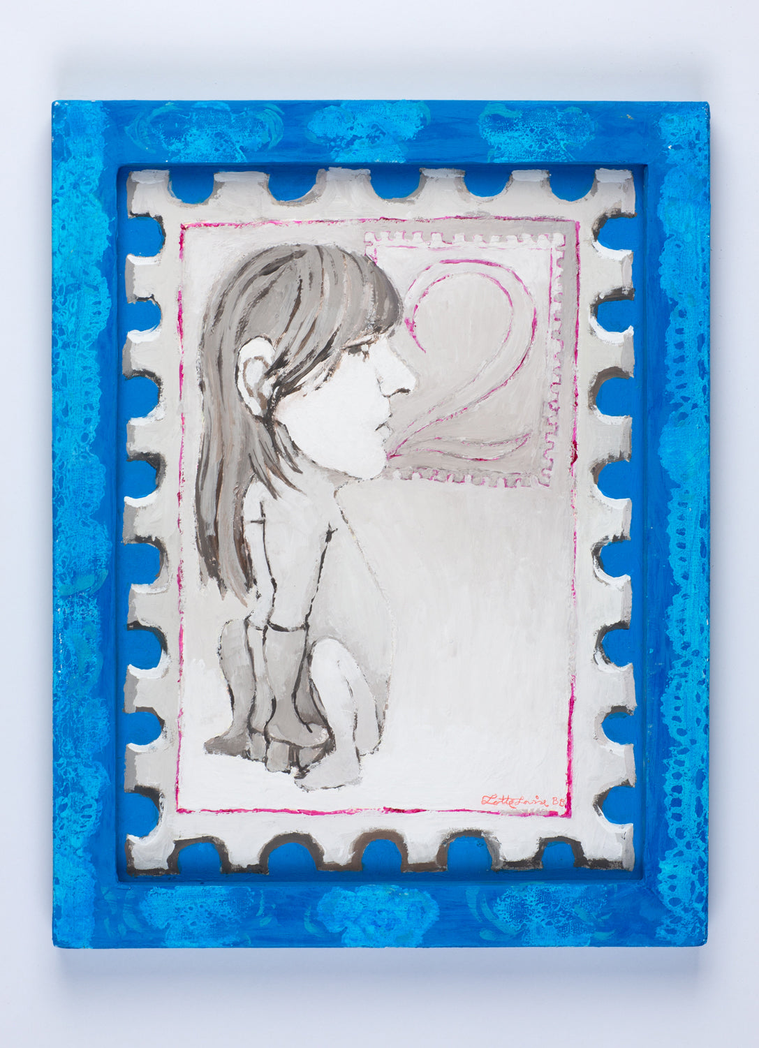 Lotte Lovise Berge Brøndbo - "Frimerke på et blått brev", 2022, akryl på stofftrukket kartong, 40 x 32 cm